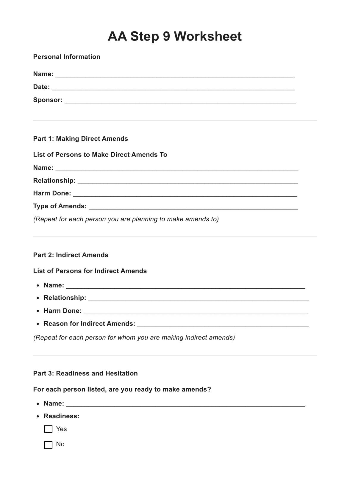 AA Step 9 Worksheets PDF Example