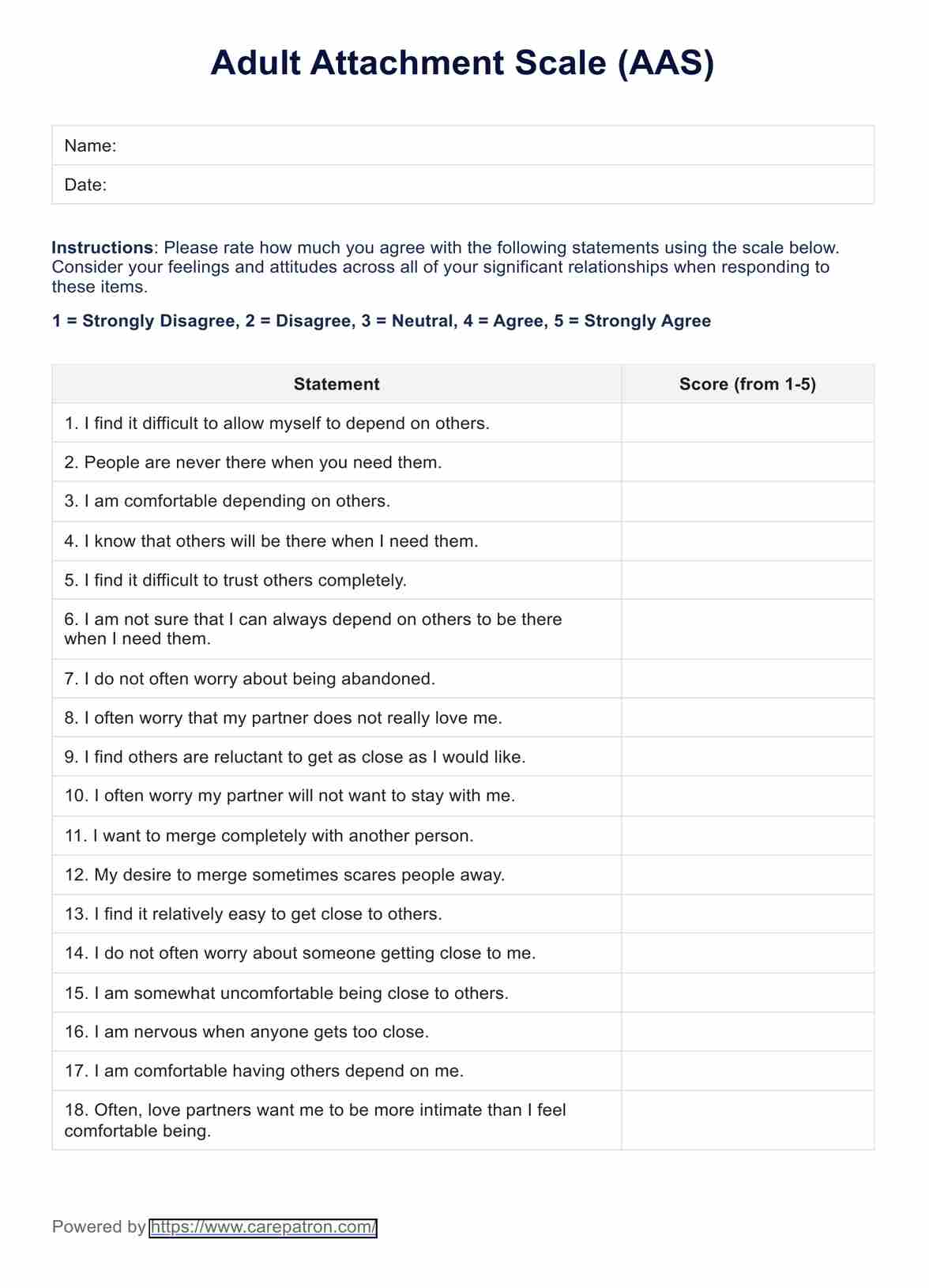 Escala de apego adulto PDF Example
