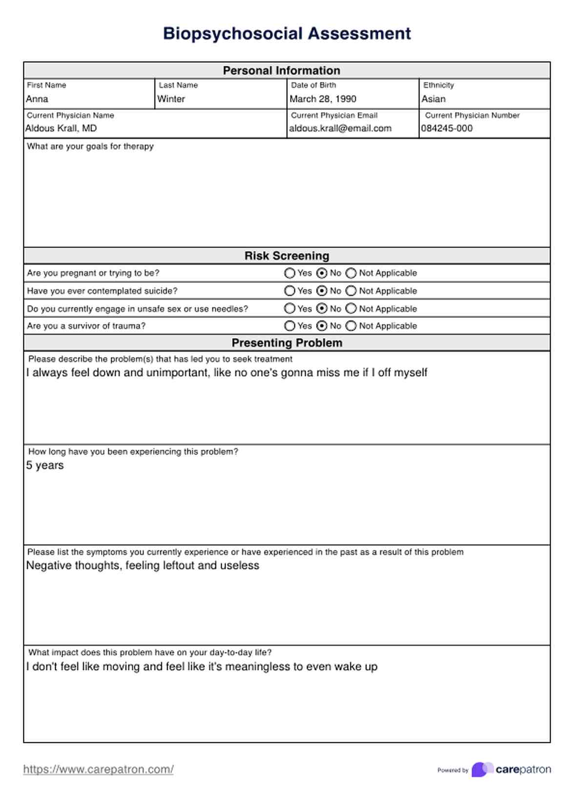 Biopsykosocial bedömning PDF Example