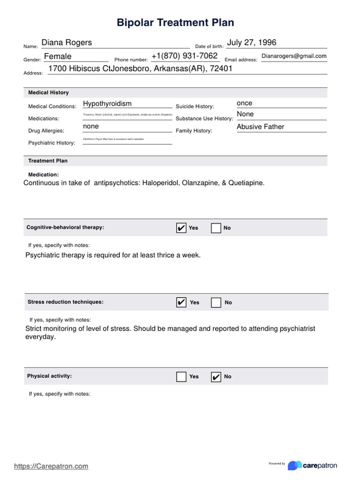 Bipolar Treatment Plans PDF Example
