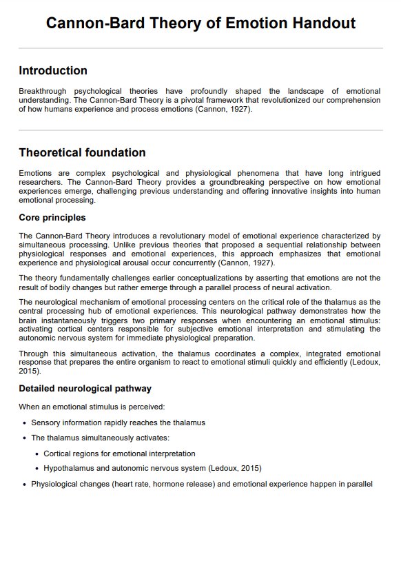 Cannon-Bard Theory of Emotion Handout PDF Example