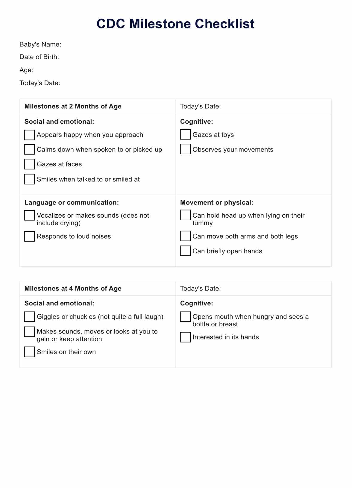 CDC Milestone Checklist Template PDF Example