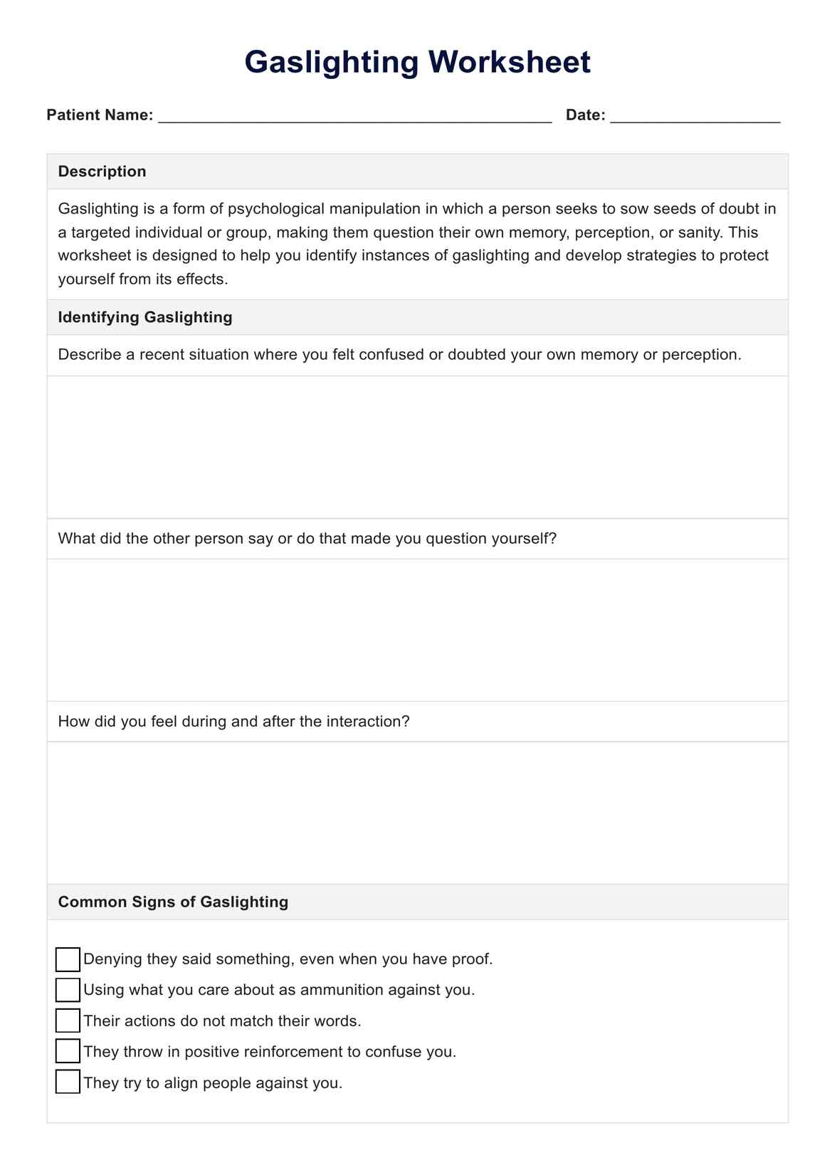 Gaslighting Worksheet PDF Example