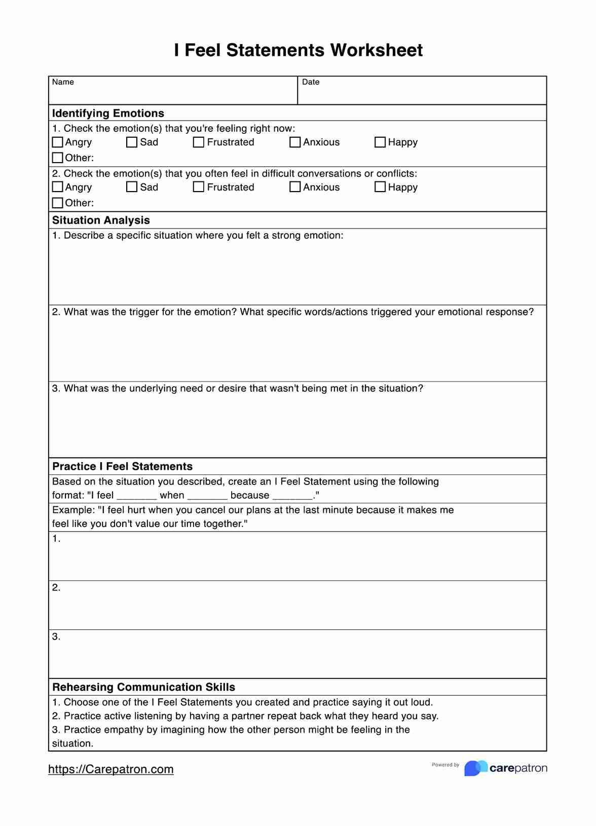 I Feel Statements Worksheets PDF Example