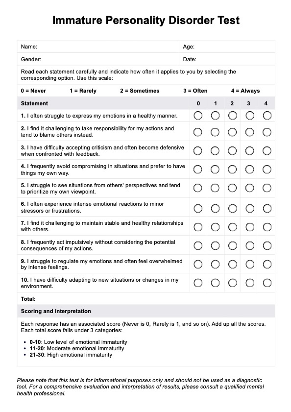 Prueba de trastorno inmaduro de la personalidad PDF Example