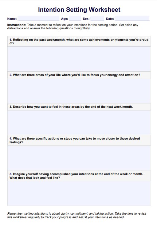 Intention Setting Worksheet PDF Example