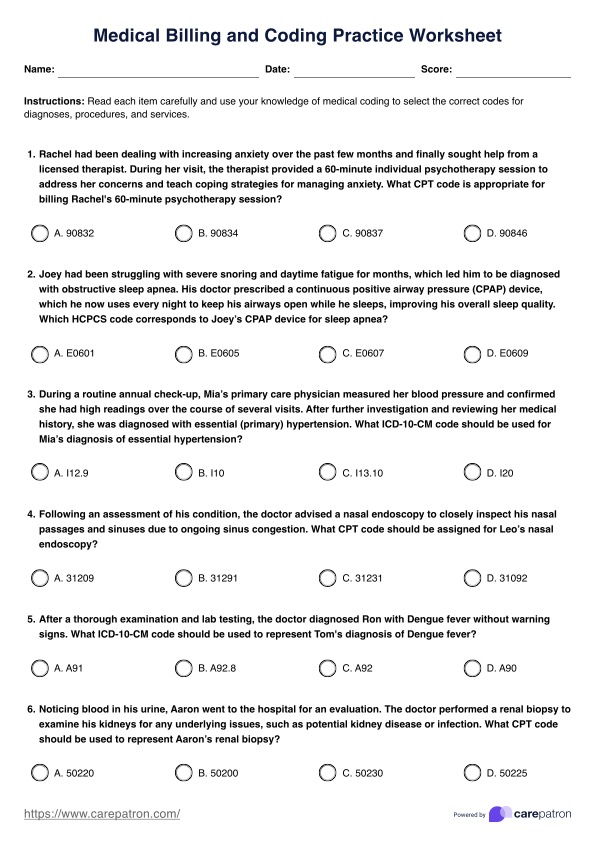 Medical Billing and Coding Practice Worksheets PDF Example