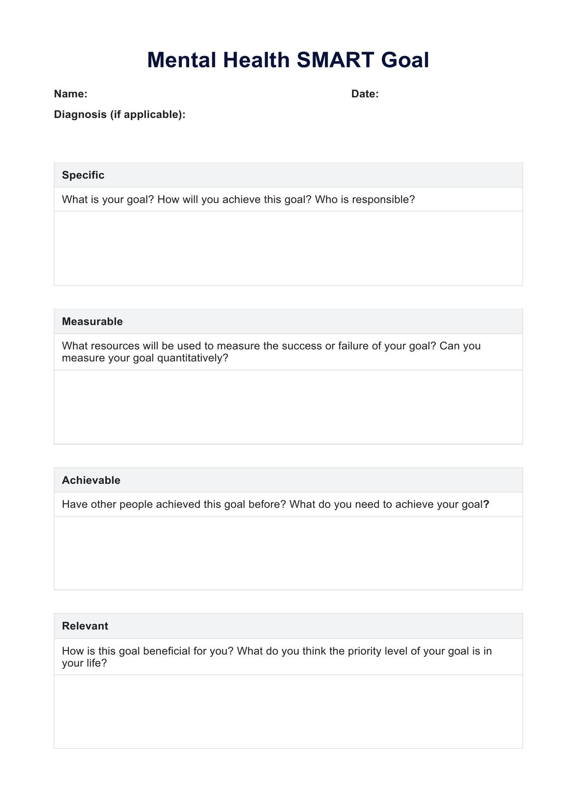 SMART Goals Mental Health PDF PDF Example