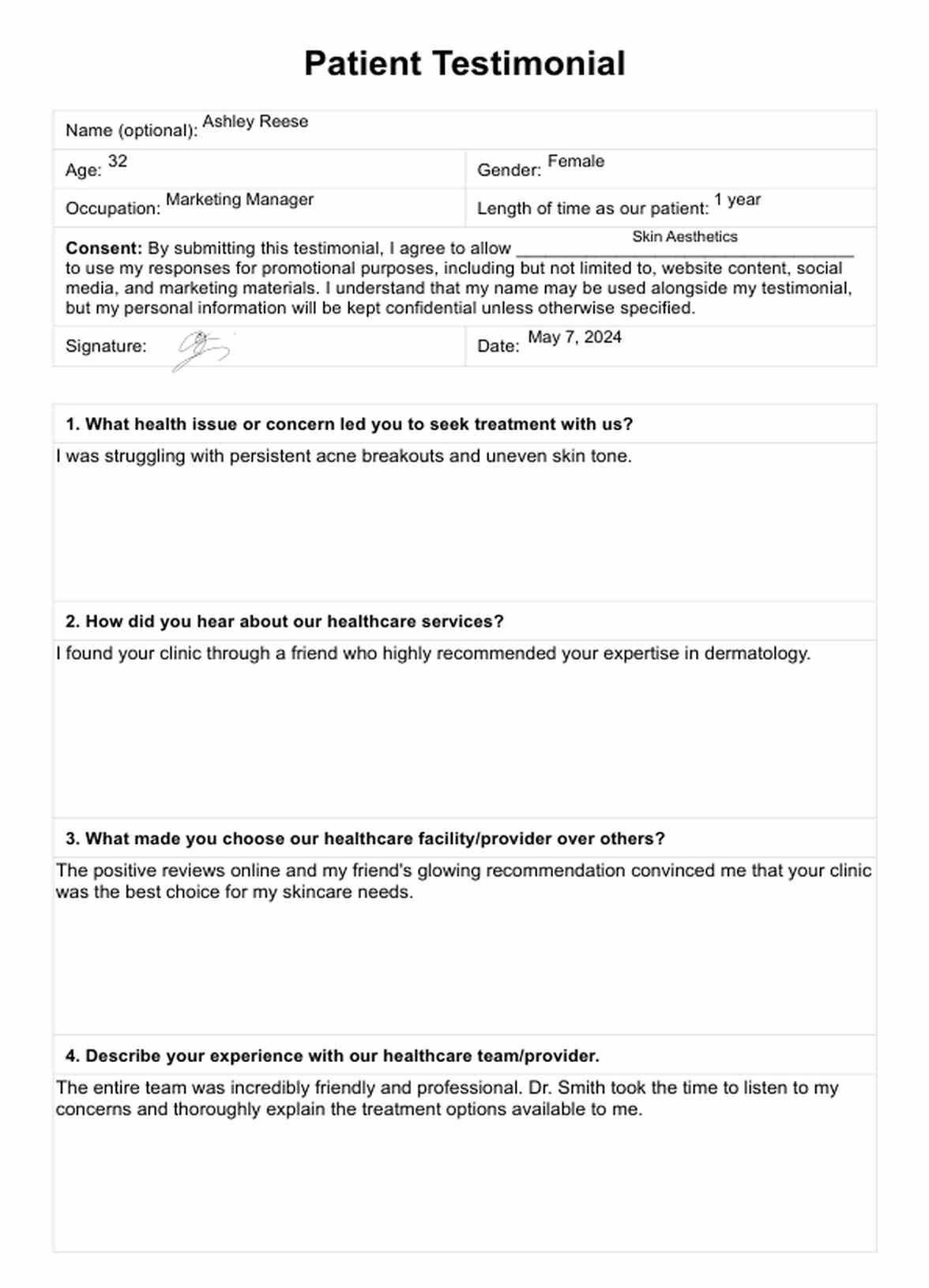 Test de paciente testimonial PDF Example