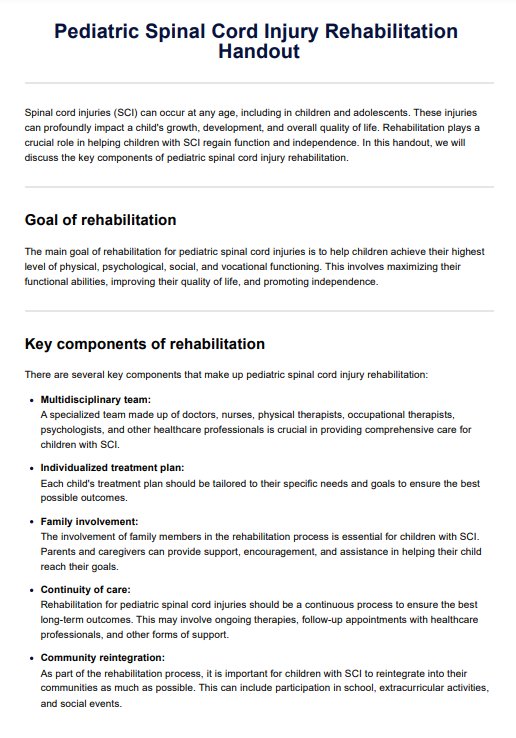 Pediatric Spinal Cord Injury Rehabilitation Handout PDF Example