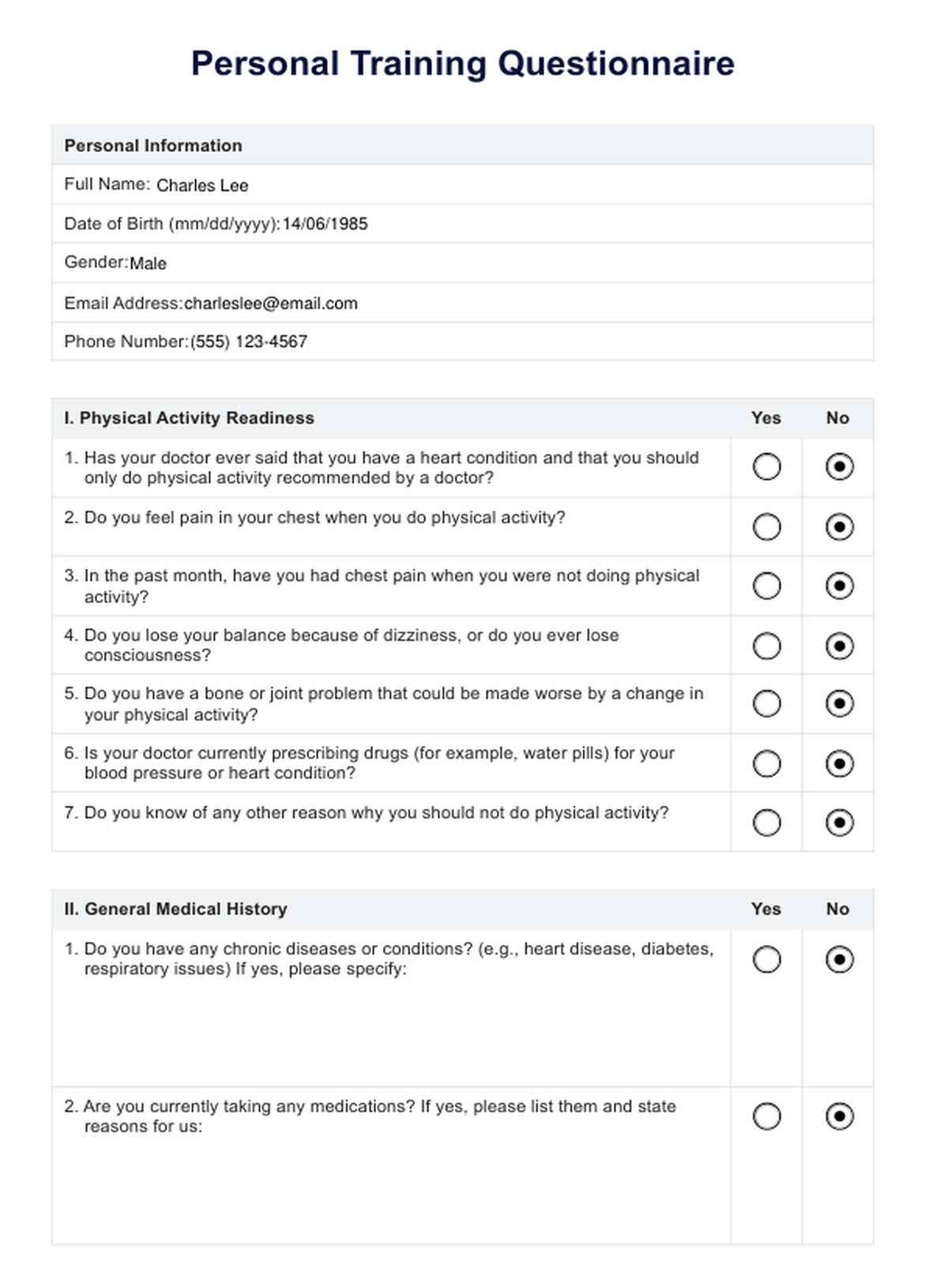 Cuestionario de entrenamiento personal PDF Example