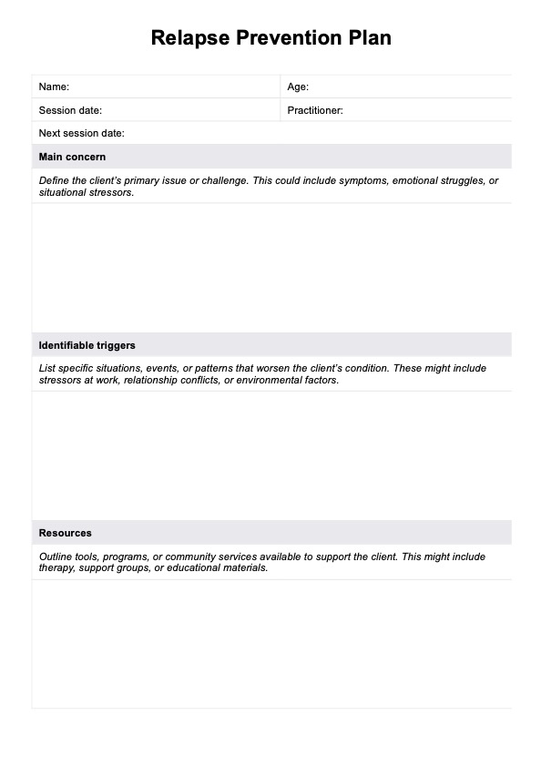 Relapse Prevention Plan PDF Example