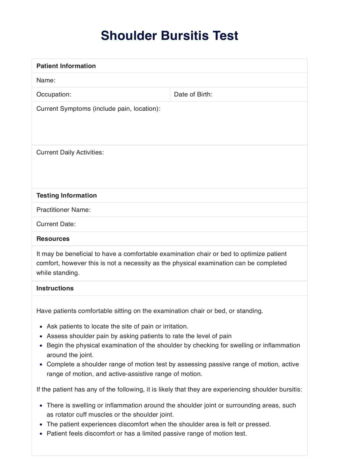 Shoulder Bursitis Test PDF Example