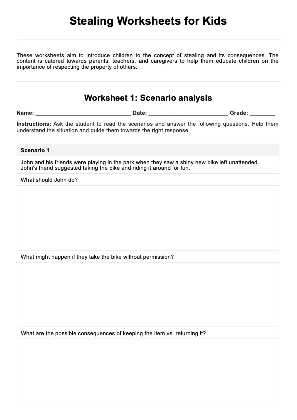 Hojas de trabajo para niños sobre robar PDF Example