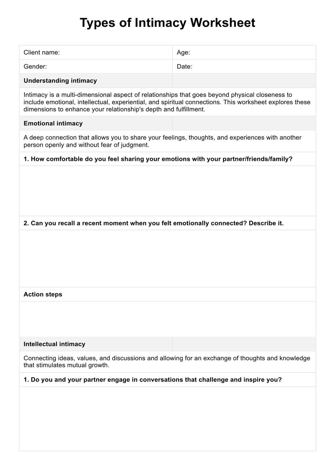 Arbeitsblatt „Arten von Intimität“ PDF Example