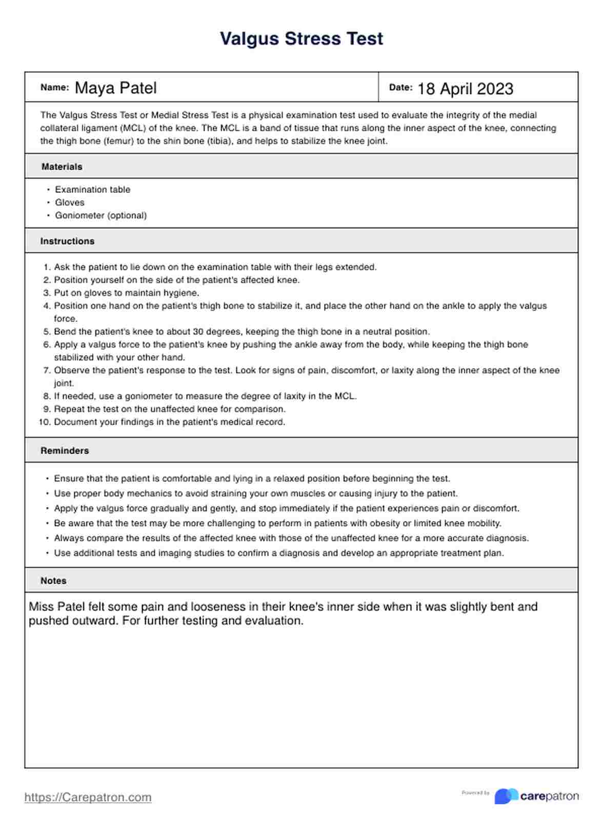 Valgus Stress Test PDF Example