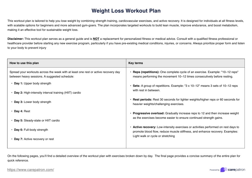 Weight Loss Workout Plan PDF Example